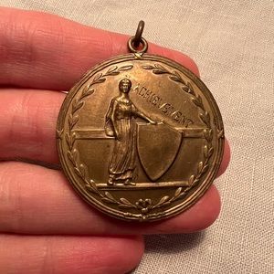 Vintage antique round gold achievement medal pendant shield engraved A. E. Young